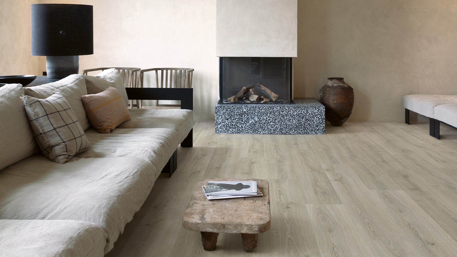 grey plank vinyl flooring in kitchen by Quick-Step